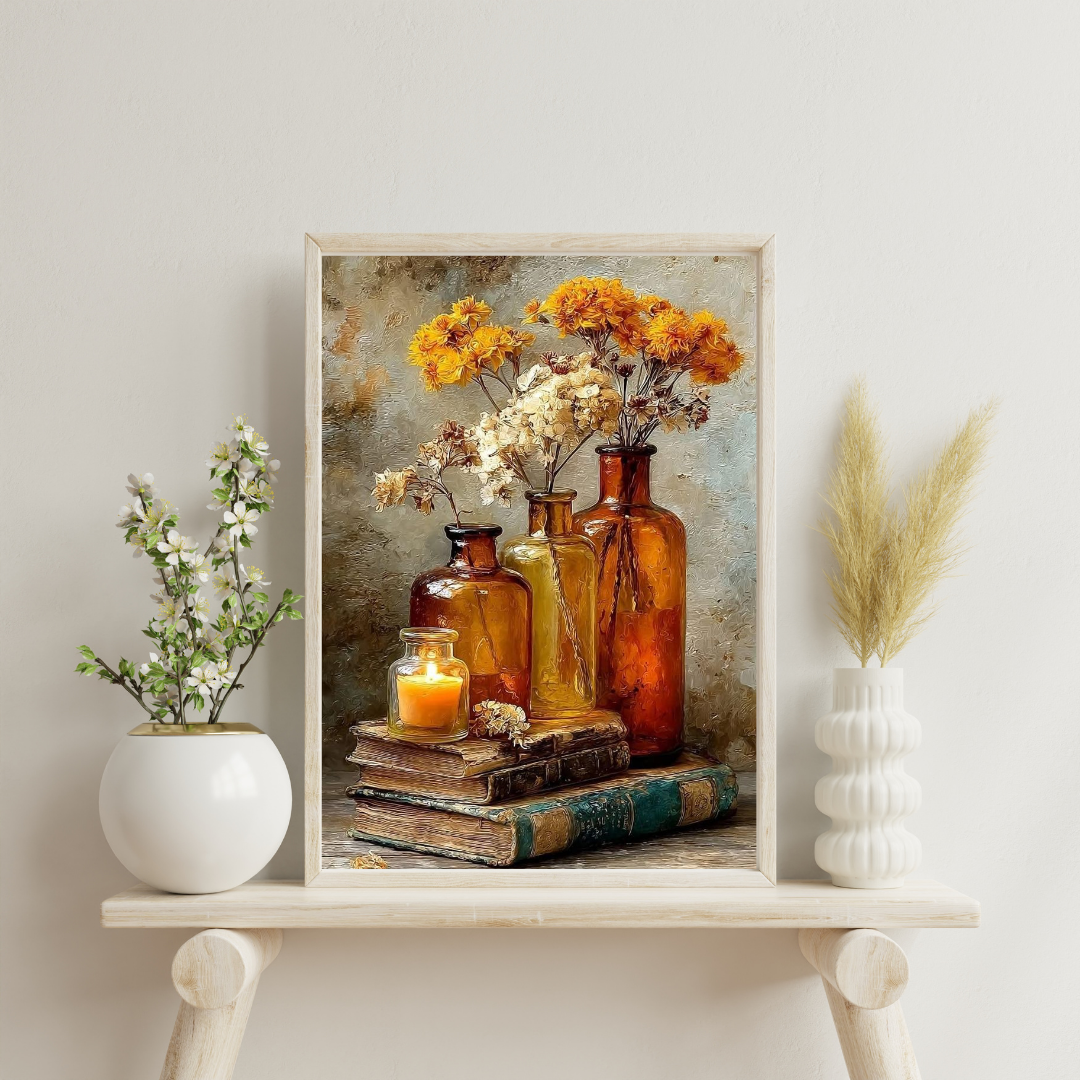 Golden Stillness – Vintage Floral Framed Poster