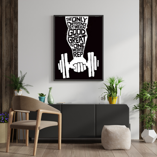 One More Rep β Motivational Gym Quote Framed Poster | Black & White Fitness Wall Art by Chilekotha