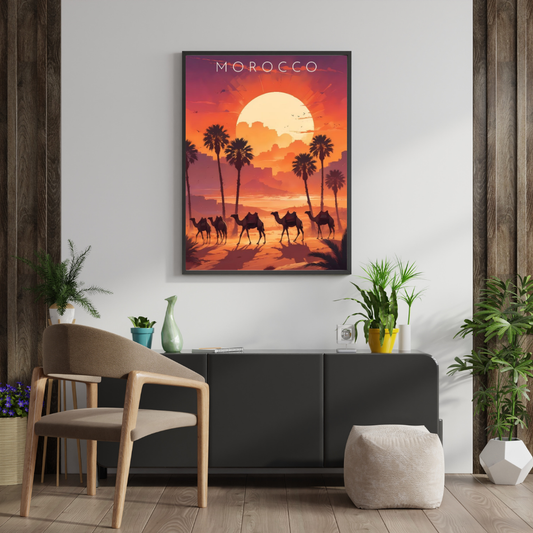 Morocco Desert Sunset Wall Poster | Camel Caravan & Palm Oasis Travel Art by Chilekotha
