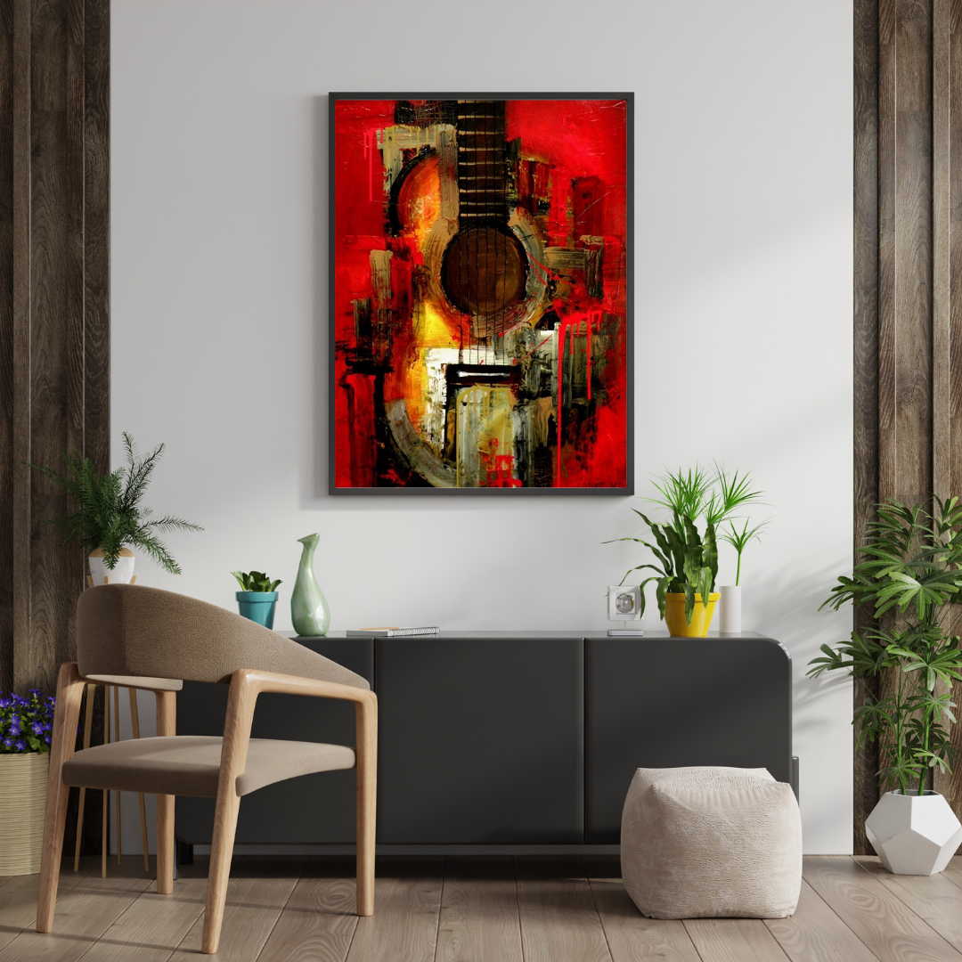 Crimson Strings – Abstract Guitar Art Framed Poster | Chilekotha