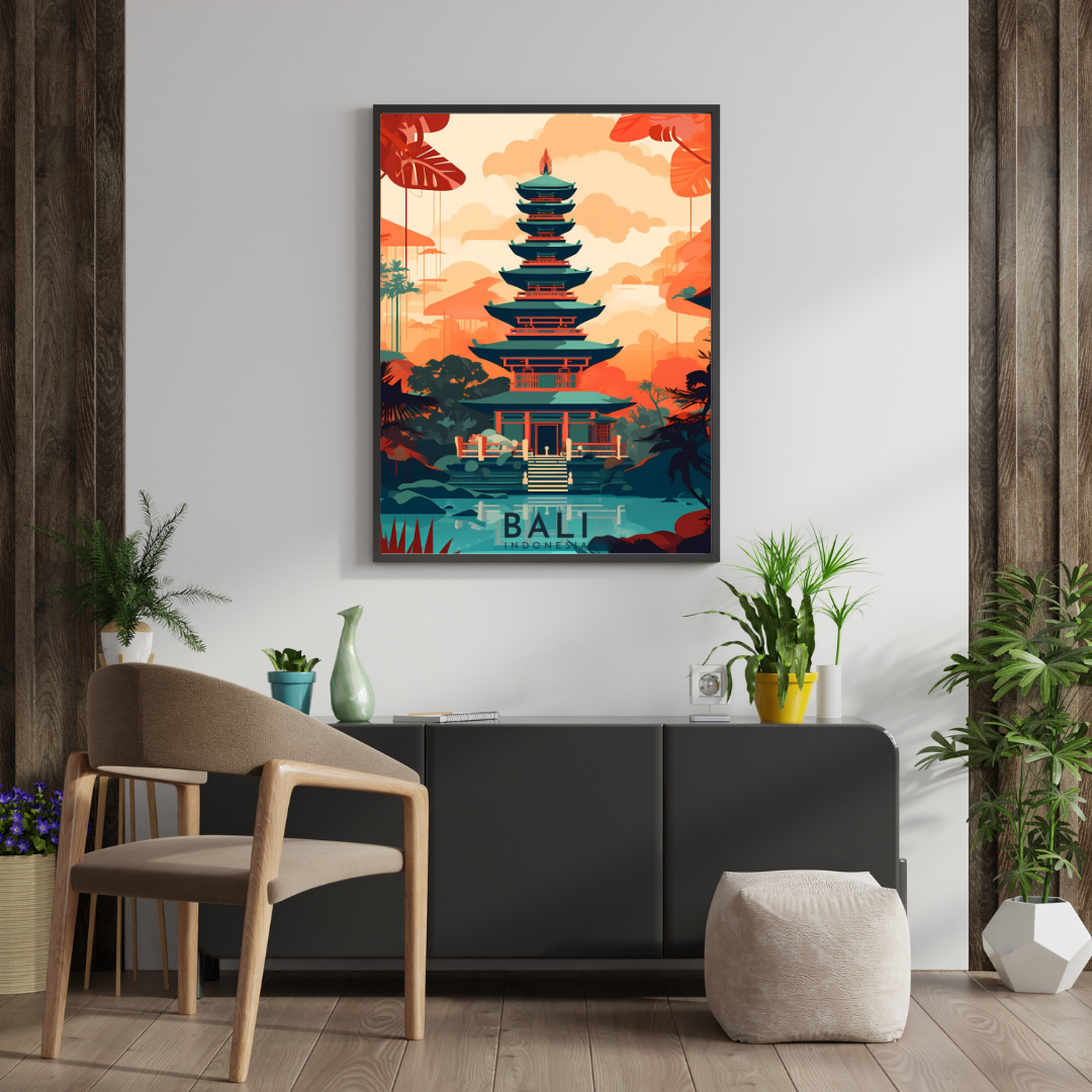 Bali Serenity Temple Wall Poster | Tropical Travel Art Print by Chilekotha