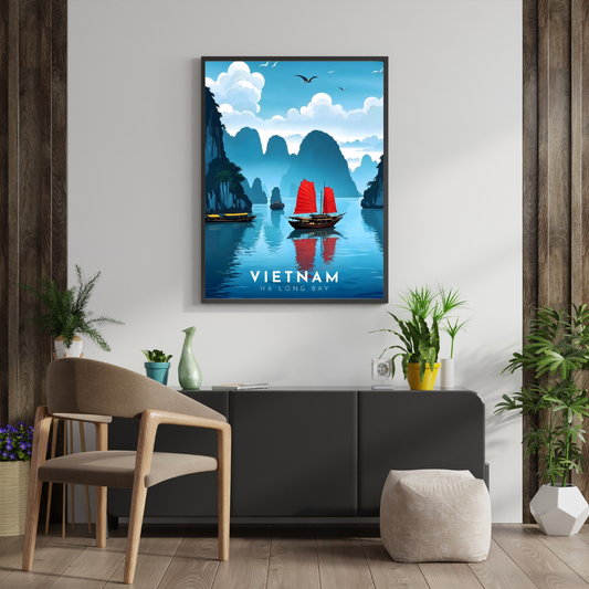 Vietnam Ha Long Bay Wall Poster | Red Sailboat Seascape Travel Art by Chilekotha