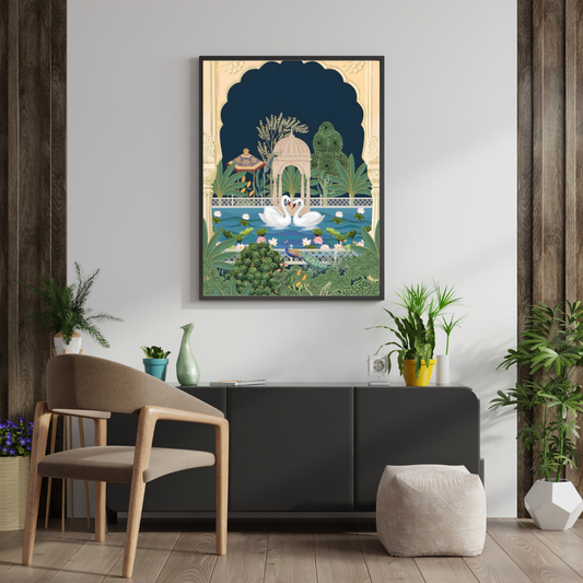 Eternal Garden of Swans Wall Poster | Royal Palace Serenity Art Print by Chilekotha
