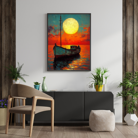 Moonlit Voyage – Serene Boat at Sunset Framed Wall Poster | Chilekotha