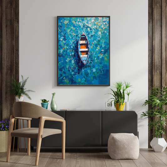 Still Waters Framed Poster – Serene Boat Art for Calm Interiors