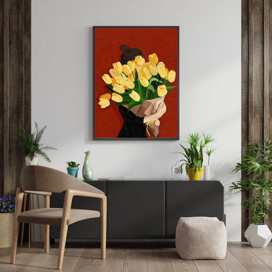 Golden Tulips Reverie Wall Poster | Minimalist Floral Art Print by Chilekotha
