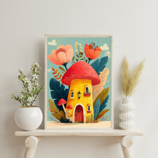 Whimsical Mushroom Cottage Framed Poster | Storybook Art Wall Décor by Chilekotha