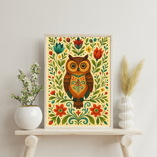 Folk Owl Garden Framed Poster | Symbol of Wisdom & Harmony by Chilekotha