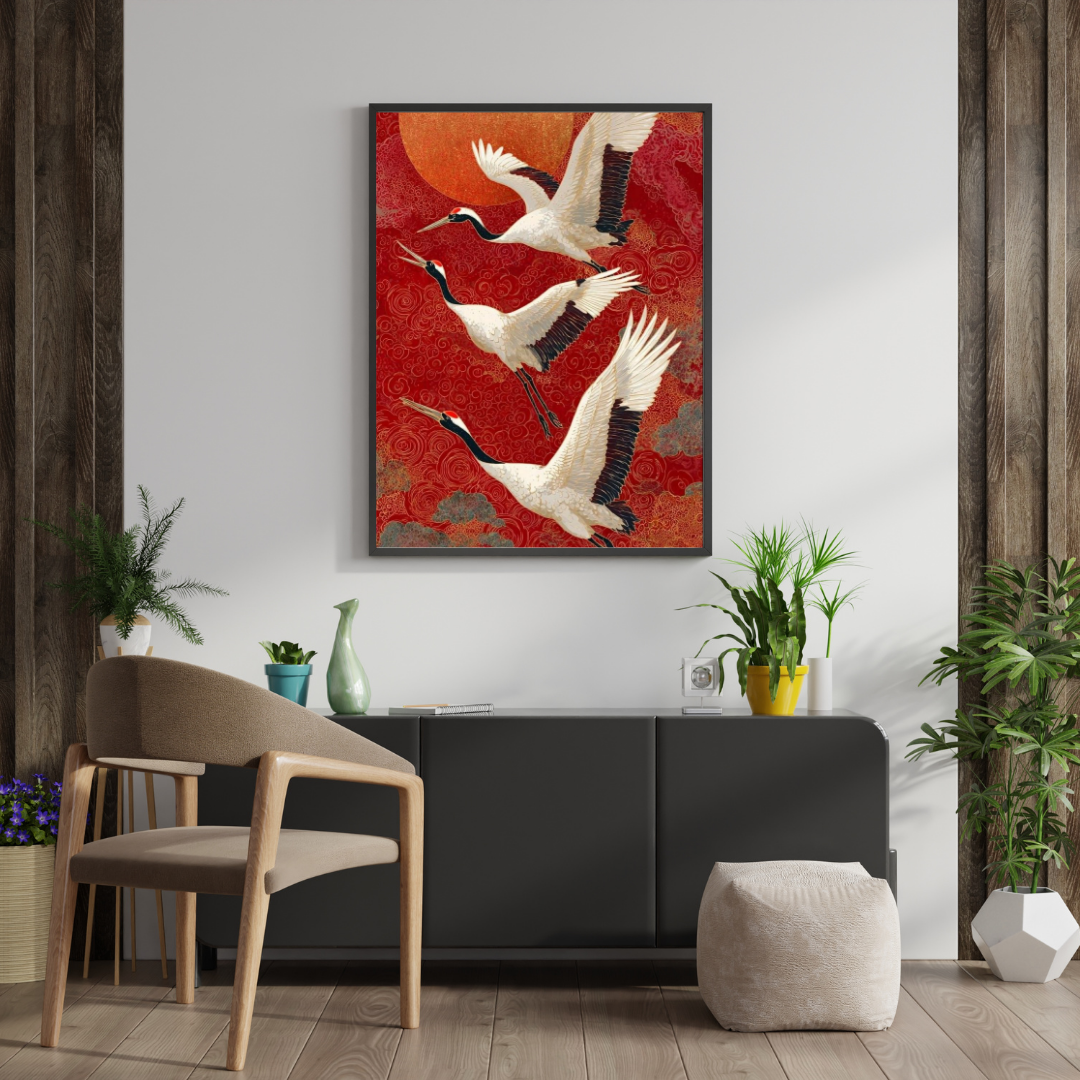 Crimson Flight Wall Poster | Graceful Cranes & Rising Sun Art Print by Chilekotha