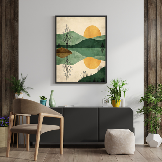 Golden Horizon Reflection Wall Poster – Minimalist Nature Landscape Art in Soft Earth Tones | Chilekotha