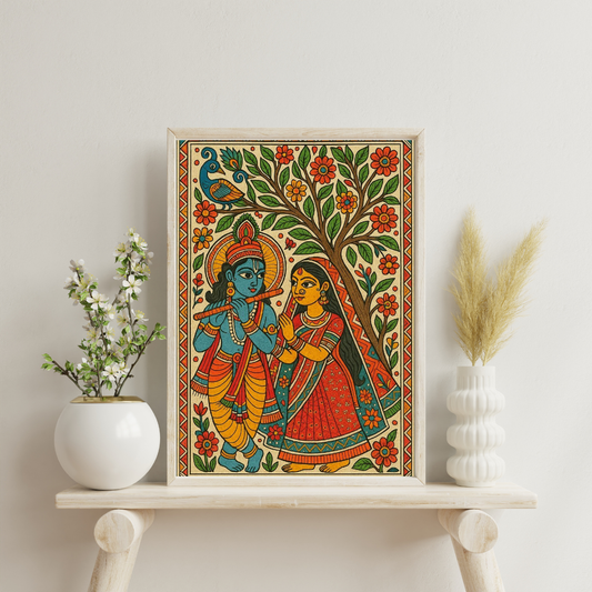 Divine Harmony | Radha Krishna Madhubani Framed Art Poster