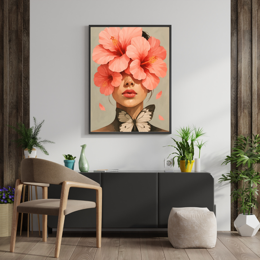 Blossomed Silence Wall Poster – Floral Feminine Portrait with Butterfly Art | Chilekotha