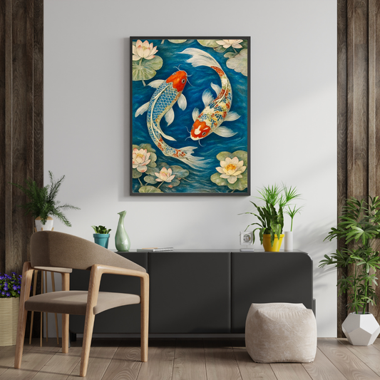 Twin Koi Harmony Wall Poster | Lotus & Koi Fish Zen Art Print by Chilekotha