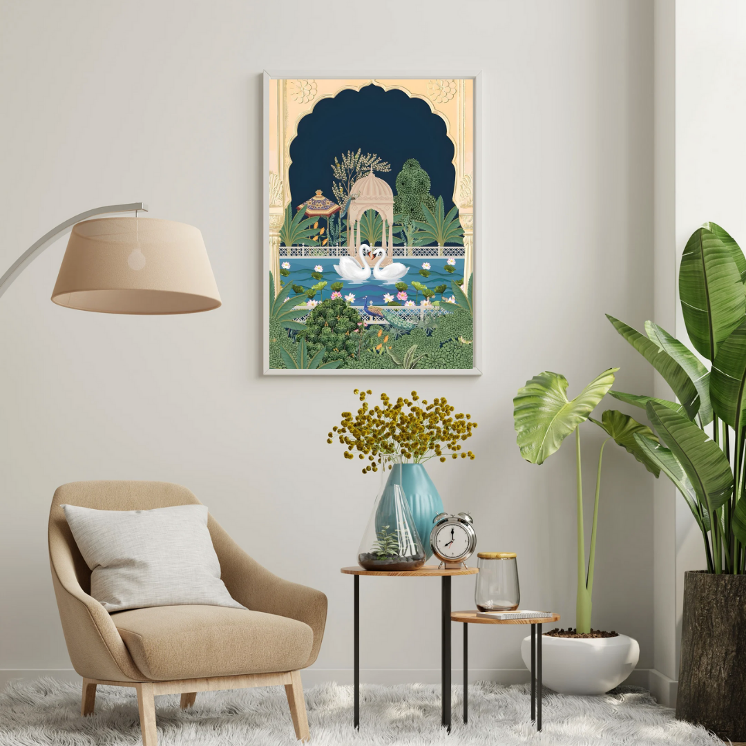 Eternal Garden of Swans Wall Poster | Royal Palace Serenity Art Print by Chilekotha