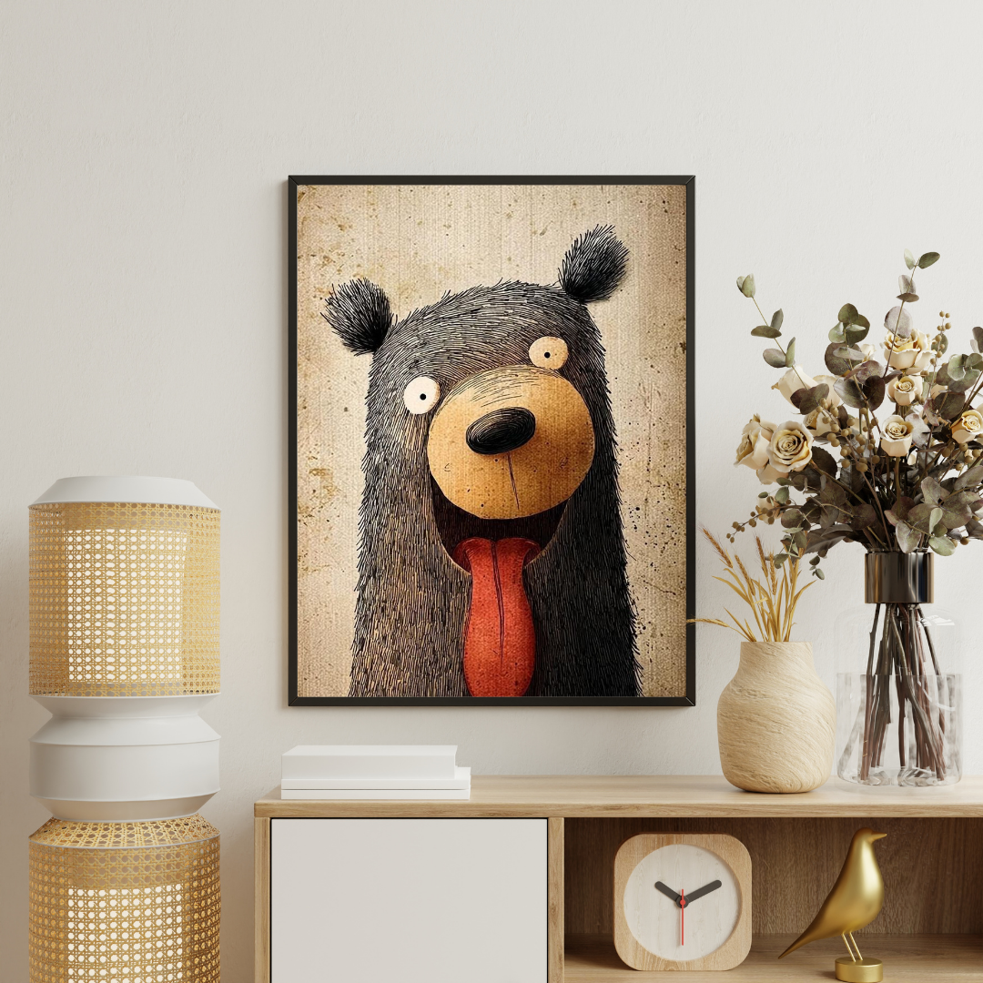 Goofy Bear Smile Framed Poster | Playful Animal Wall Art by Chilekotha