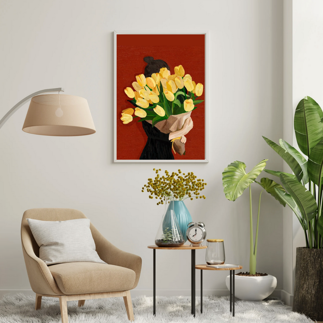 Golden Tulips Reverie Wall Poster | Minimalist Floral Art Print by Chilekotha