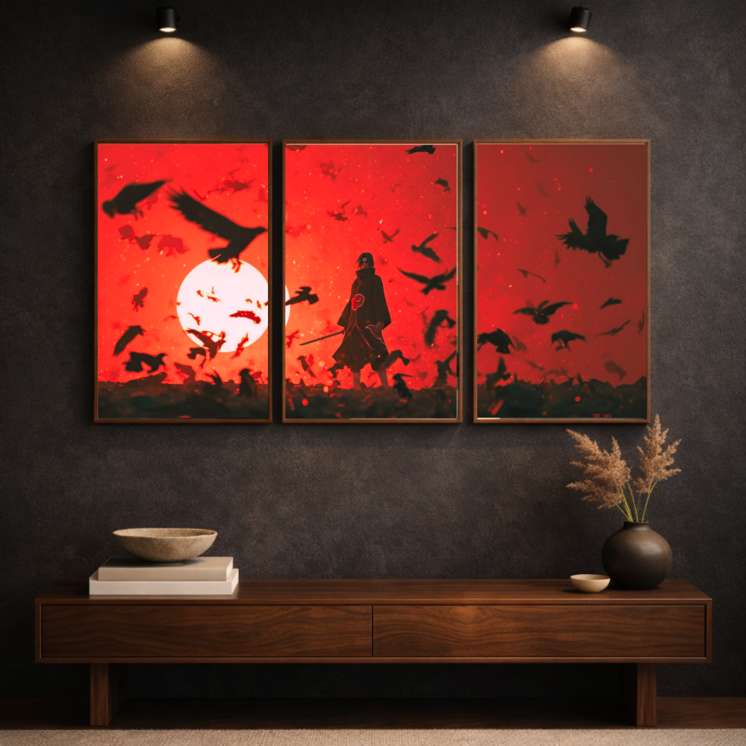 Crimson Eclipse – Shadow Warrior Triptych Framed Poster | Cinematic Anime-Style Wall Art (3-Panel Set)