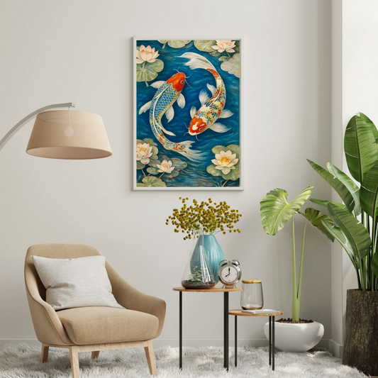 Twin Koi Harmony Wall Poster | Lotus & Koi Fish Zen Art Print by Chilekotha