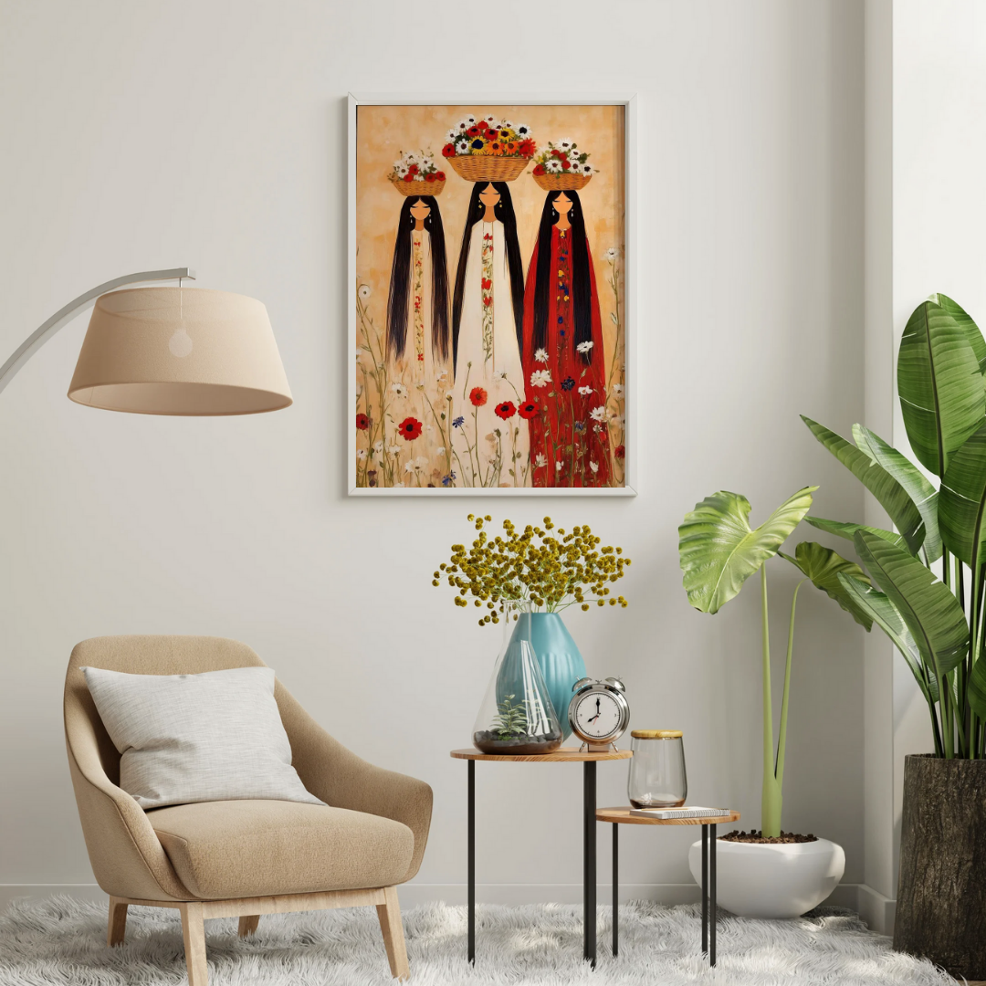 Floral Sisters – Folk Art Inspired Women Framed Wall Poster | Chilekotha