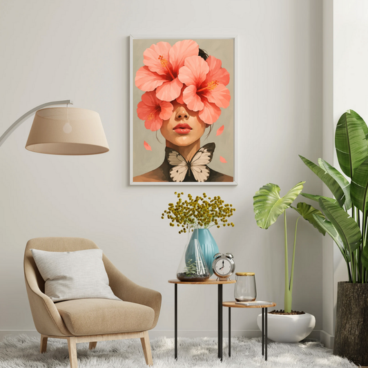 Blossomed Silence Wall Poster – Floral Feminine Portrait with Butterfly Art | Chilekotha