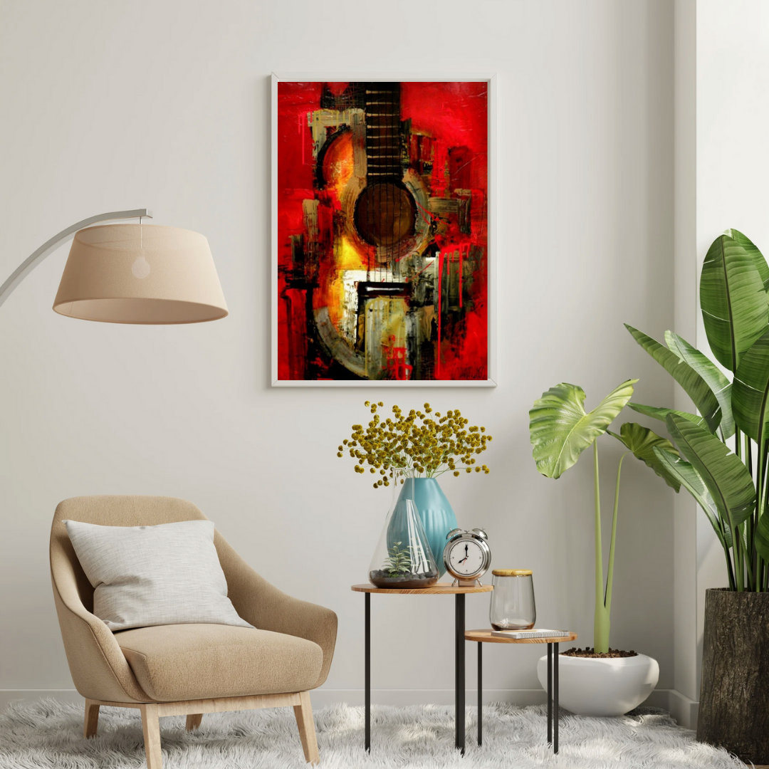 Crimson Strings – Abstract Guitar Art Framed Poster | Chilekotha