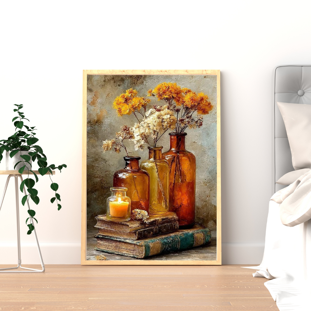 Golden Stillness – Vintage Floral Framed Poster
