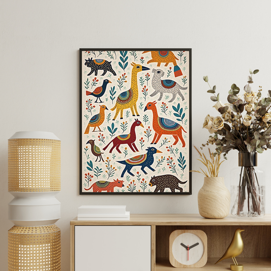 Whimsical Folk Animals Framed Poster | Handcrafted-Inspired Wall Art by Chilekotha