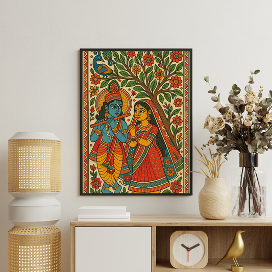 Divine Harmony | Radha Krishna Madhubani Framed Art Poster