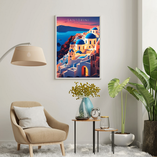 Santorini Sunset Cliffside Wall Poster | Mediterranean Travel Art Print by Chilekotha