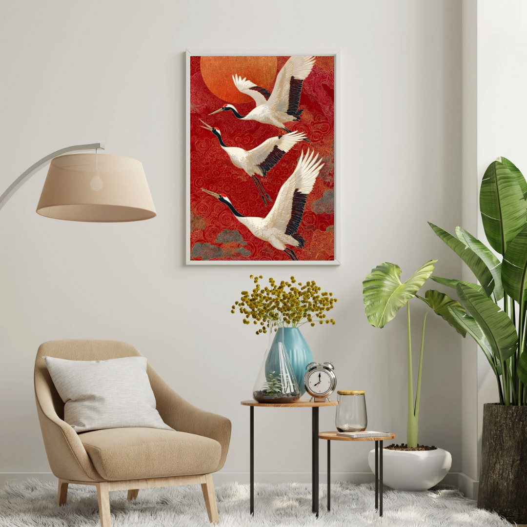 Crimson Flight Wall Poster | Graceful Cranes & Rising Sun Art Print by Chilekotha