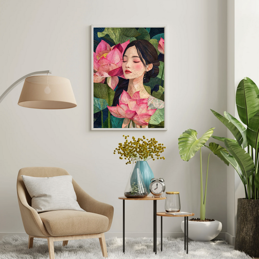Lotus Reverie Wall Poster – Serene Feminine Portrait with Blooming Lotus Art | Chilekotha