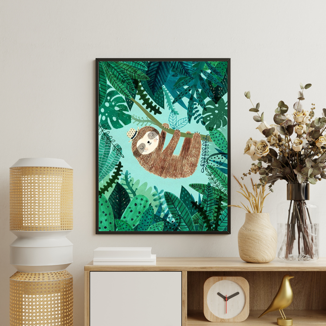 Sleepy Sloth in the Jungle Framed Poster | Whimsical Kids Wall Art by Chilekotha