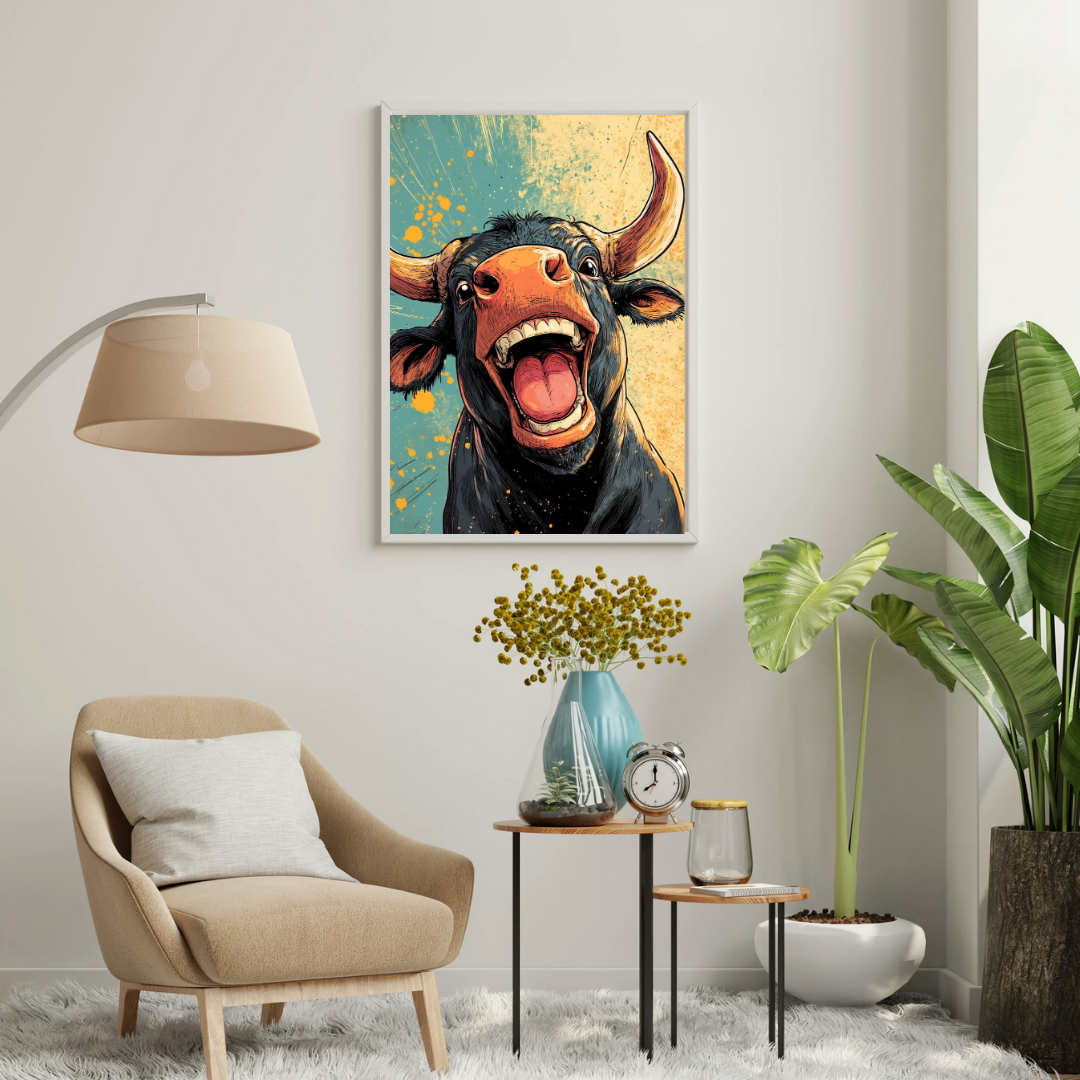 Laughing Bull Pop Art Wall Poster – Bold Animal Expression Art for Playful Interiors | Chilekotha