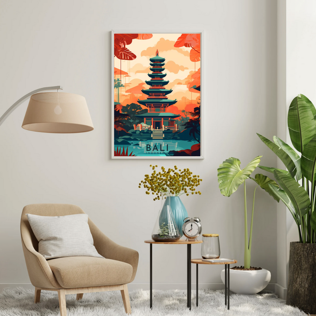 Bali Serenity Temple Wall Poster | Tropical Travel Art Print by Chilekotha