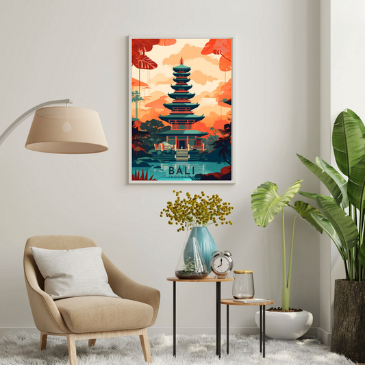 Bali Serenity Temple Wall Poster | Tropical Travel Art Print by Chilekotha