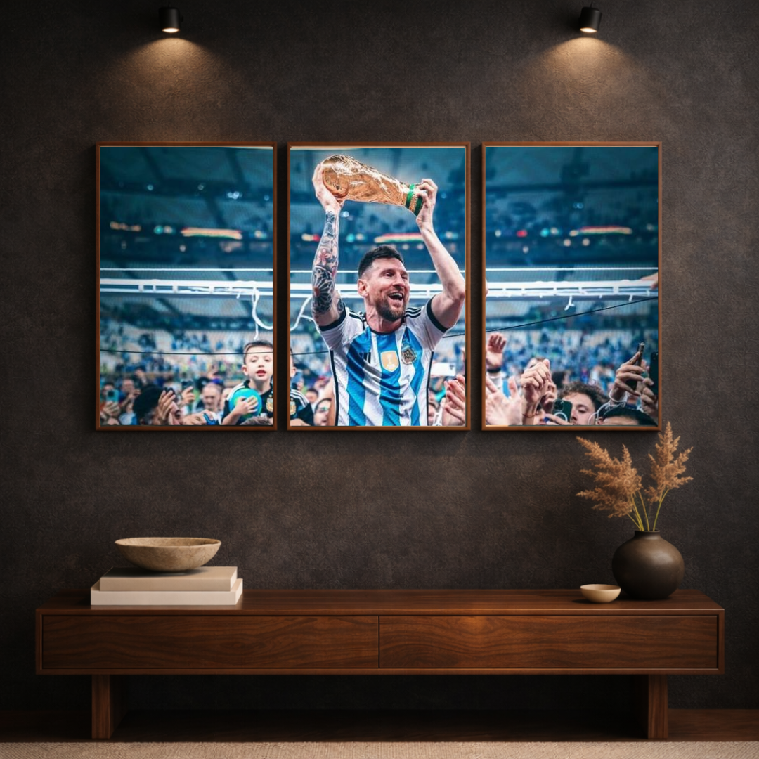 Lionel Messi “World Champion Glory” Triptych Framed Poster – Iconic Football Wall Art (3-Panel Set)