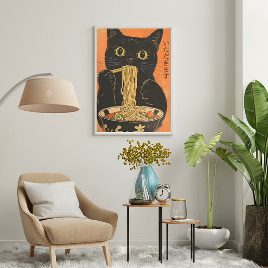 Midnight Noodles – Whimsical Cat Ramen Wall Poster