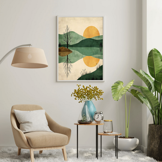 Golden Horizon Reflection Wall Poster – Minimalist Nature Landscape Art in Soft Earth Tones | Chilekotha