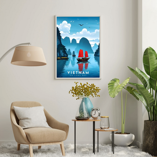 Vietnam Ha Long Bay Wall Poster | Red Sailboat Seascape Travel Art by Chilekotha
