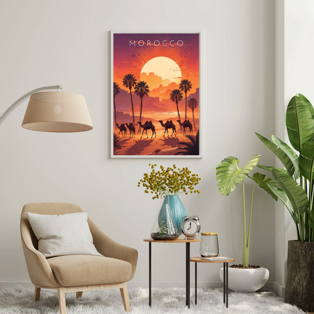 Morocco Desert Sunset Wall Poster | Camel Caravan & Palm Oasis Travel Art by Chilekotha