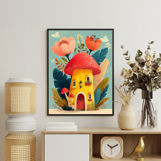 Whimsical Mushroom Cottage Framed Poster | Storybook Art Wall Décor by Chilekotha