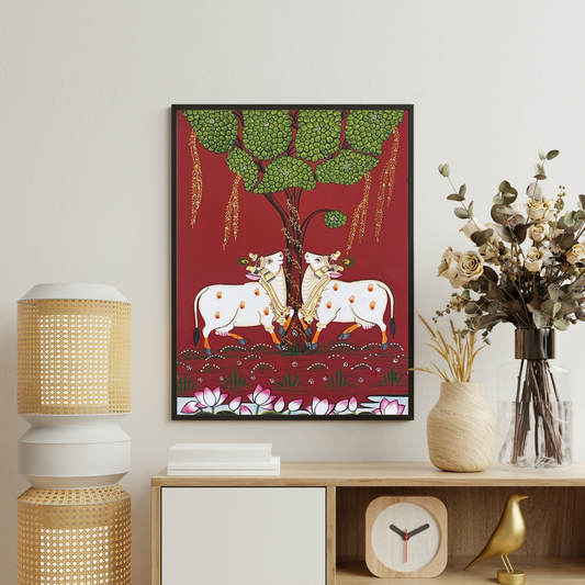 Sacred Cows Under the Tree of Life Framed Poster | Indian Folk Art Wall Décor by Chilekotha
