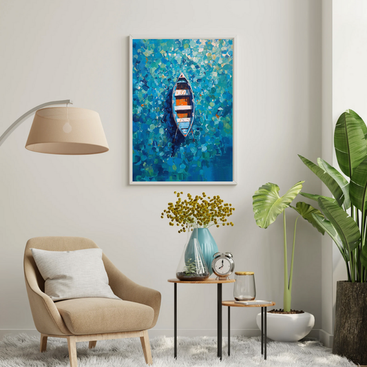 Still Waters Framed Poster – Serene Boat Art for Calm Interiors
