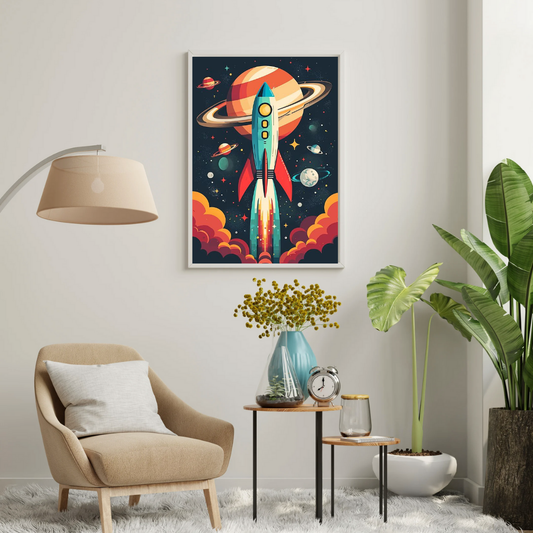 Cosmic Lift-Off Framed Poster – Retro Rocket Space Wall Art