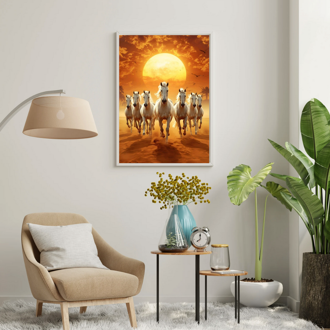 Golden Charge Wall Poster – White Horses at Sunset Power Art | Chilekotha