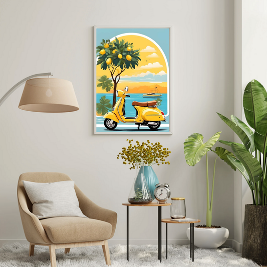 Sunlit Coastal Ride Wall Poster | Vintage Scooter & Lemon Tree Art Print by Chilekotha