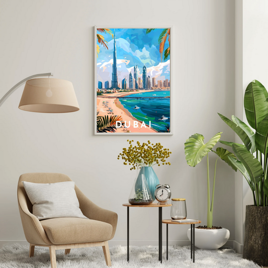 Dubai Coastal Skyline Wall Poster | Modern Cityscape Travel Art Print by Chilekotha