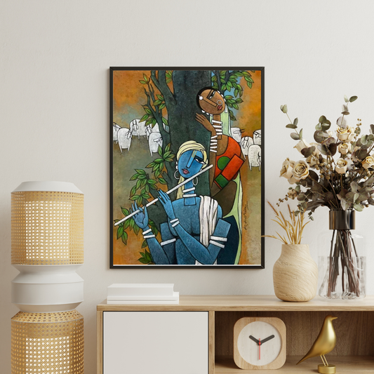 Eternal Raas – Radha Krishna Folk Art Framed Poster