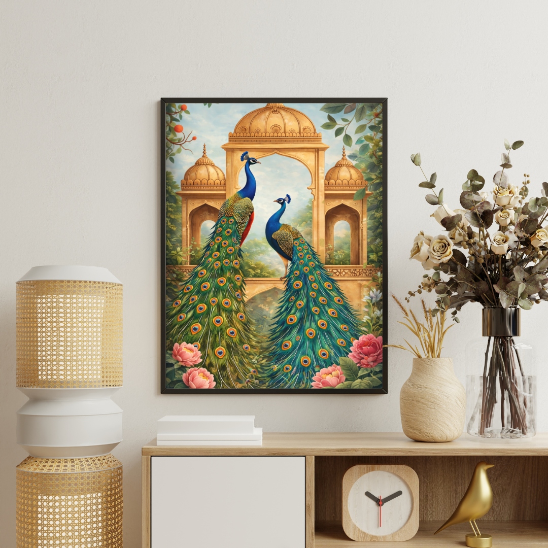 Royal Peacock Court Framed Poster | Indian Palace Wall Art by Chilekotha