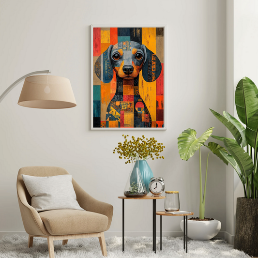Geometric Dachshund Wall Poster – Modern Abstract Dog Art with Warm Tones | Chilekotha